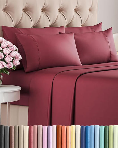 Queen 6 Piece Sheet Set - Cooling, Comfy & Breathable - Hotel Luxury Bedding, Includes Fitted Sheet for Women, Men, Kids & Teens - 1 Flat, 1 Fitted Sheet, 4 Pillowcases with Deep Pockets - Burgundy