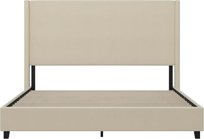 EMMA + OLIVER Nora King Size Faux Linen Upholstered Platform Bed with Plush Padded Wingback Headboard (No Box Spring Needed), Modern Upholstered Headboard King Bed Frame, Beige