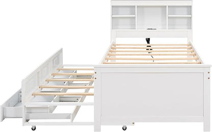 Platform Bed with Storage Headboard, USB, Twin Size Trundle and 3 Drawers, Twin Size, White