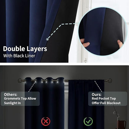 BGment Thermal Insulated Full Blackout Curtains for Living Room 84 Inch Length, Double Layer Room Darkening Noise Reducing Rod Pocket Curtains, 55 Inch Wide, Navy Blue, 2 Panels