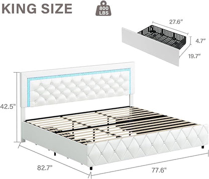 BarnFurin King Size Bed Frame with LED Lights and Storage Drawers, Upholstered Platform Bed with Diamond Tufted Headboard, Wooden Slats Support, No Box Spring Needed, Easy Assembly, White