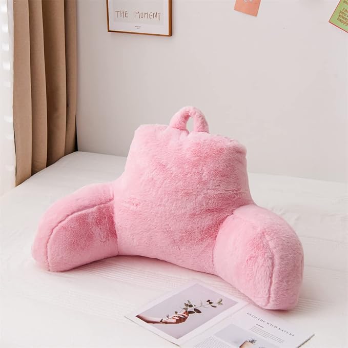 Holawakaka Standard Faux Fur Bed Rest Pillow with Arms, Rabbit Fur Reading Pillows Perfect for Adults, Teens, Kids, Arm, Back, Pregnancy Lumbar & Head Neck Coccyx Lower Back Support Cushion (Pink)