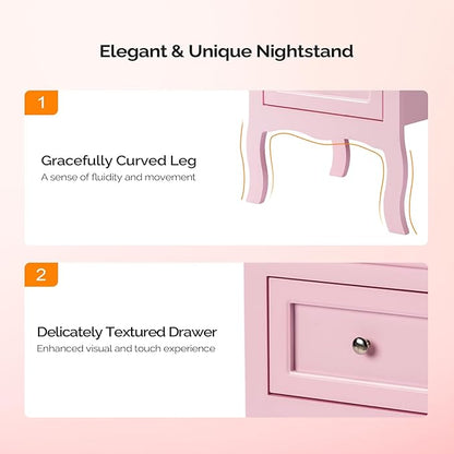 Bonnlo Nightstand Set of 2, Nightstands with 2 Drawers, Bed Side Table/Night Stand, Pink Nightstand, Small Nightstand for Bedroom, College Dorm, Kids’ Room, Living Room, Wood, 16W x 12D x 24H