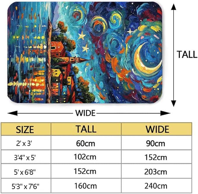 Machine Washable 2' x 3' Seaside Villages and Churches Area Rug, Bule Floor mat, Suitable for bedrooms, Girls' Room Bedside, Living Room, Dining Room, Office, Non-Slip Low-Pile Night Sky Carpet
