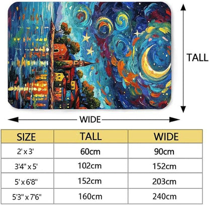 Machine Washable 3' x 5' Seaside Villages and Churches Area Rug, Bule Floor mat, Suitable for bedrooms, Girls' Room Bedside, Living Room, Dining Room, Office, Non-Slip Low-Pile Night Sky Carpet
