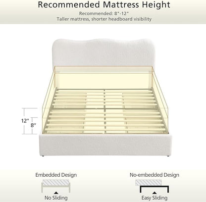 VELOCAVA Queen Size Upholstered Bed with 4 Storage Drawers, Modern Upholstered Bouclé Platform Frame with Curved Headboard, Sturdy Wood Slats, Rounded Corners, No Box Spring Needed, Cream White