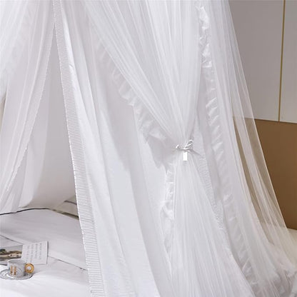 VETHIN Double Layer Princess Round Dome Canopy Bed Curtain for Girls Adults,Children Dreamy Mosquito Net,Cute Bedroom Decoration Castle Play Tent Reading Nook Canopies (Dome-White/White)
