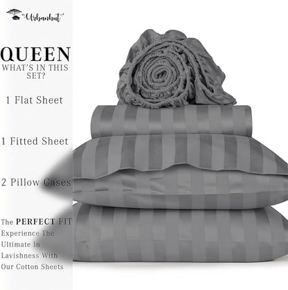 URBANHUT 800 Thread Count 100% Cotton Damask Queen Size Sheets, 4 Piece Striped Queen Size Bedsheets, Luxury Hotel Sheets Sateen Weave - Better Than Egyptian, 16" Elasticized Deep Pocket- Dark Grey