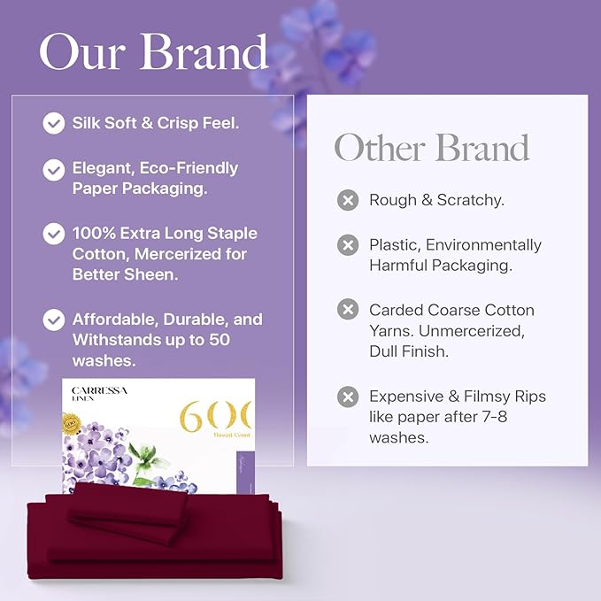 Carressa Linen Split King Sheets Sets for Adjustable Bed - 100% Egyptian Cotton 600 Thread Count 5 PC Top Split King Sheet Set (Burgundy), 16" Deep Pocket Silky Soft Cooling Luxury Hotel Sheets