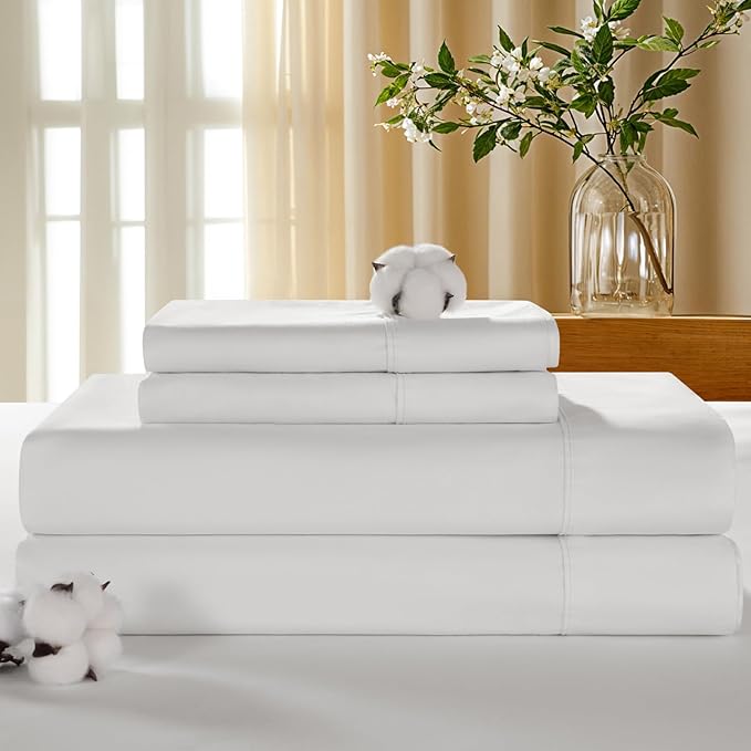 LBRO2M 100% Cotton Sheets Set Deep Pocket 19", 1000 Thread Count King Size 4 Piece Bed Sheet Sets Soft Comfortable Bedding All Season (King, White)