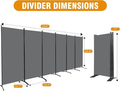 6 Panel Folding Privacy Screens, 6 FT Tall Wall Divider with Metal Frame, Freestanding Room Divider for Office Bedroom Study (6 Panel, Grey)