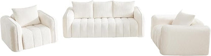 Corduroy Boneless Living Room Sets, Modern Upholstered 3 Seater Sofa with 2 Signle Accent Chairs, Comfy Deep Seat Cloud Sofa Couch Sets for Living Room, White