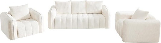 Corduroy Boneless Living Room Sets, Modern Upholstered 3 Seater Sofa with 2 Signle Accent Chairs, Comfy Deep Seat Cloud Sofa Couch Sets for Living Room, White