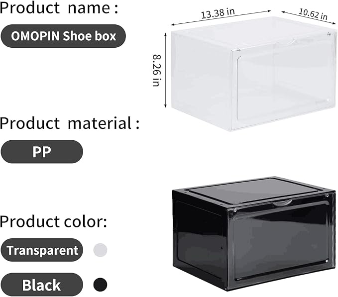 XL clear shoe storage boxes stackable, 8 Pack Large Shoe Boxes Clear Plastic Stackable, Drop side Sneaker Container Fit Size 13 (Black 8 Pack)
