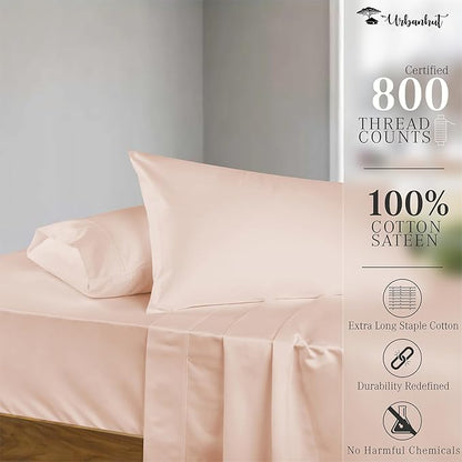 URBANHUT 800 Thread Count 100% Cotton Queen Size Sheets, Luxury 4 Piece Queen Bedsheets, Hotel Sheets Sateen Finish - Better Than Egyptian, 16" Elasticized Deep Pocket - Blush Pink
