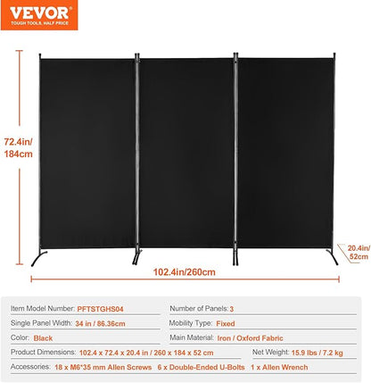VEVOR Room Divider, 3 Panel Room Divider, Folding Privacy Screen and Portable Partition Divider for Room Separation, Freestanding Room Partitions for Office, Bedroom, Black