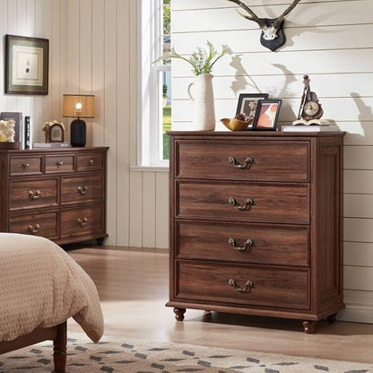 Farmhouse 4 Drawer Dresser Set of 2 for Bedroom, 37" Tall Rustic Chests of Drawers w/ 4 Solid Wood Feet, Mid Century Vintage Wooden Closet Storage Dressers Organizer for Living Room, Brown