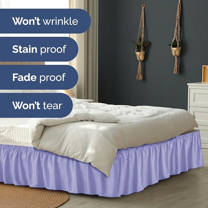 Wrap Around Dust Ruffle Bed Skirt - Lavender - for Queen Size Beds with 15 Inch Drop - Elastic Strap - Adjustable Pleated Bedskirt with Brushed Fabric and Wrinkle Free - for Women, Men, Kids & Teens
