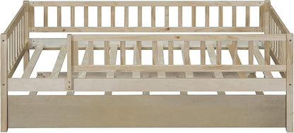 Bellemave Twin Bed Frames with Rails for Kids, Twin daybed Frame with Trundle for Boys/Girls/Adults， Natural