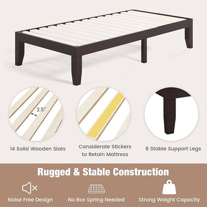 Giantex 14 Inch Twin Wood Platform Bed Frame, Minimalist Mattress Foundation with Solid Rubber Wood, Heavy Duty Wood Slat Support, Without Headboard, Easy Assembly, No Box Spring Needed, Espresso