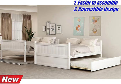 TSAMPA Latest Upgraded & Stronger Heavy Duty Solid Wood Full Over Full Bunk Bed with Trundle, Thickened Safer Convertible Bunk Bed Frame Full Over Full Size Bunk Bed (Easier to Assemble) (White)