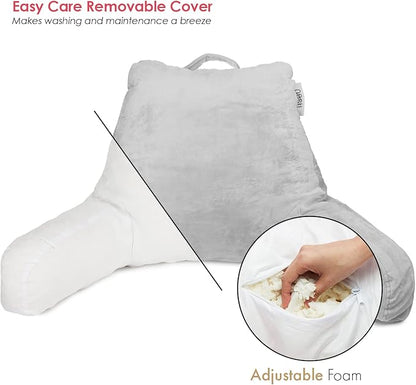 Nestl Reading Pillow with Shredded Memory Foam, Designed for Sitting Up in Bed and Couch, Back and Arms Adjustable Support for Adult & Teens Backrest Pillows for Reading with Washable Cover Light Grey