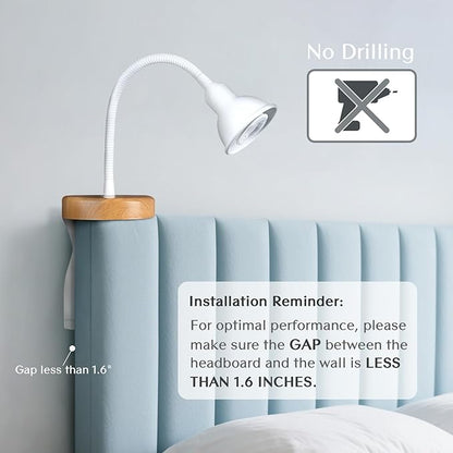 Solfres Patented Innovative Design Headboard Reading Light. No Drilling Golden Book Light for Bedtime Reading. Dimmable LED Book Reading Lamp with Bulb. Movable & Flexible, White