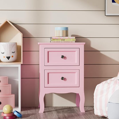 Bonnlo Nightstand Set of 2, Nightstands with 2 Drawers, Bed Side Table/Night Stand, Pink Nightstand, Small Nightstand for Bedroom, College Dorm, Kids’ Room, Living Room, Wood, 16W x 12D x 24H