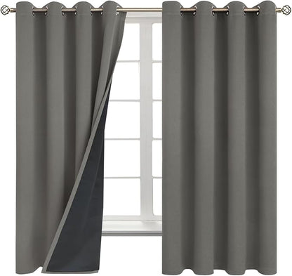 BGment Thermal Insulated 100% Blackout Curtains for Bedroom with Black Liner, Double Layer Full Room Darkening Noise Reducing Grommet Curtain (52 x 63 Inch, Grey, 2 Panels)