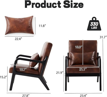 Accent Chair Mid Century Modern Armchair with Lumbar Support Pillow Wood Legs PU Leather Upholstered Lounge Chairs Comfy High Back Cushion for Living Room Bedroom