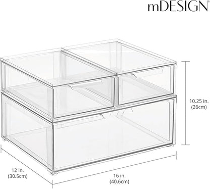 mDesign Plastic Stackable Bathroom Storage Organizer Bin Containers with Front Pull Drawer for Bathroom Countertop, Vanity, Closet Shelves - Holder for Accessories, Lumiere Collection, Set of 3, Clear