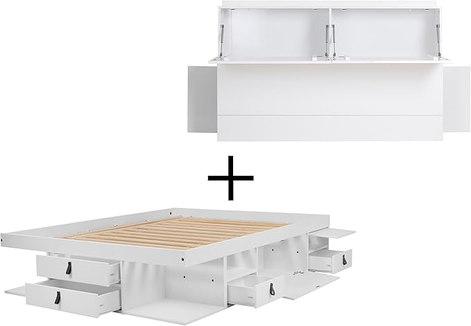 memomad Bali Set: Storage Platform Bed with Drawers + Bookcase Headboard (Full Size, White Wood)