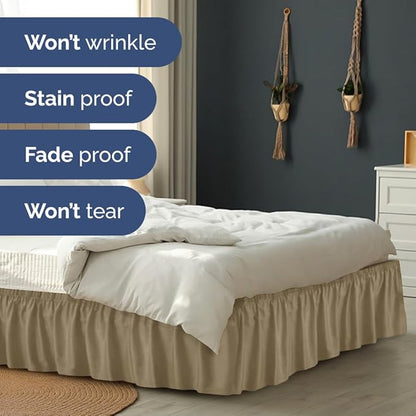 Wrap Around Dust Ruffle Bed Skirt - Khaki - for Queen Size Beds w/ 12 Inch Drop - Easy Fit Elastic Strap - Adjustable Pleated Bedskirt w/Brushed Fabric - Wrinkle Free - for Women, Men, Kids & Teens