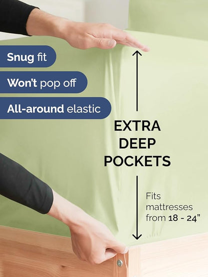 Extra Deep Queen Sheet Set - 6 Piece Breathable & Cooling Sheets - Hotel Luxury Bed Sheets Set - Easy & Secure Fit - Soft, Wrinkle Free & Comfy Sheets Set - Light Sage Sheet Set w/Extra Deep Pockets