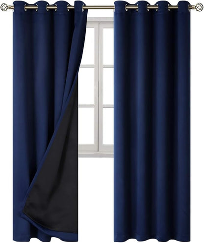 BGment Thermal Insulated 100% Blackout Curtains for Bedroom with Black Liner, Double Layer Full Room Darkening Noise Reducing Grommet Curtain (52 x 84 Inch, Navy Blue, 2 Panels)