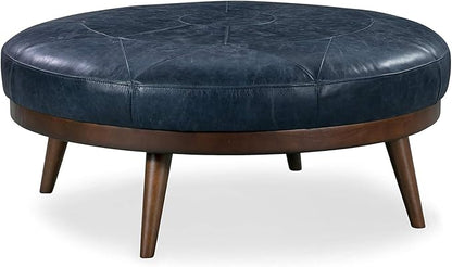 POLY & BARK Gio Ottoman – 30” Round with Feather-Down Topper – Full-Grain Leather Upholstery – Couch Ottoman for Living Room – Vintage Italian Leather in Midnight Blue
