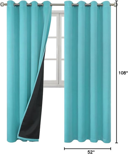 BGment 100% Blackout Curtains 108 Inch Long 2 Panles Set, Thermal Insulated Total Light Locking Soundproof Grommet Curtains & Drapes for Living Room with Black Liner, 52 Inch Wide Each, Aqua