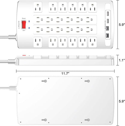QINLIANF Surge Protector Power Strip - 6Ft Flat Plug Heavy Duty Extension Cord with 24 Outlets and 4 USB Ports(2 USB-C Ports), 1875W/15A, 4100J, for Home, Office, Dorm, ETL Listed, White