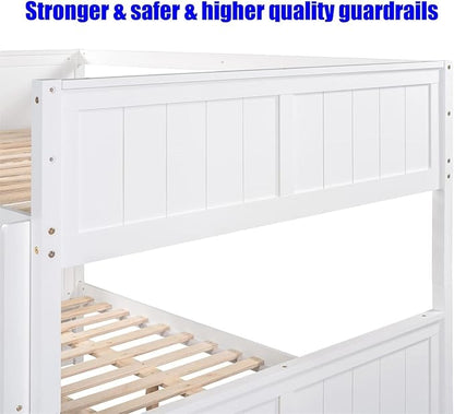 TSAMPA Latest Upgraded & Stronger Heavy Duty Solid Wood Full Over Full Bunk Bed with Trundle, Thickened Safer Convertible Bunk Bed Frame Full Over Full Size Bunk Bed (Easier to Assemble) (White)
