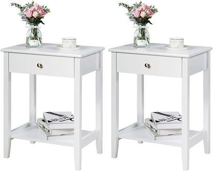 Giantex Nightstand Wooden 2-Tier Couch Sofa Side Table with Drawer, Storage Shelf, Solid Wood Legs,Mufti-Functional Home Furniture for Living Room Bedroom Study Room End Table (2, White)