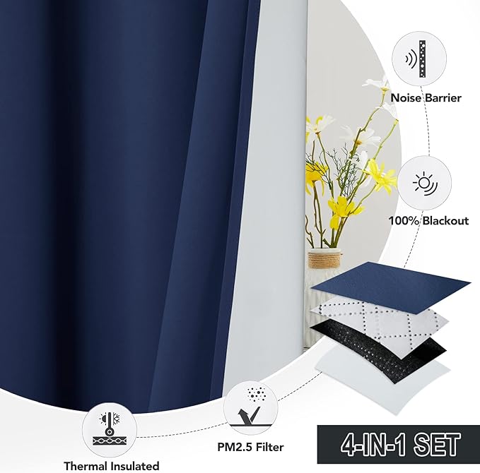 RYB HOME 100% Blackout Curtains, Noise Reducing 108 inch Curtains Dust Filter Draft Block Window Drapes Privacy Drapes for Living Room Playroom Nursery, W52 x L108 inch, Navy Blue, 2 Panels