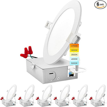 LUXRITE 6 Inch Ultra Thin LED Recessed Light with J-Box, 12W, Color Temperature Selectable 2700K | 3000K | 3500K | 4000K | 5000K, Dimmable Wafer Light, 1000 Lumens, Energy Star, IC Rated (6 Pack)