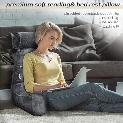mittaGonG Extra Large Reading Pillow for Sitting in Bed Adult with Detachable Neck Support Cushion & Backrest Pillow for Bed with Arms and Side Pocket Shredded Foam Back Pillow with Washable Cover