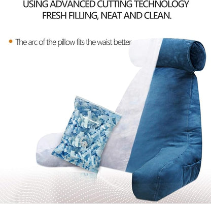 mittaGonG Reading Pillow for Sitting in Bed Adult with Detachable Neck Roll & Big Backrest Pillow for Bed Sitting up with Arms Side Pocket Shredded Foam Back Pillows Chair Pillow with Washable Cover
