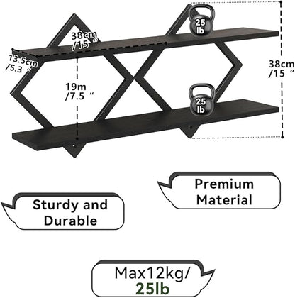 IBUYKE Floating Shelves,15 Inch Wall Shelf Set of 2,Wall Mounted Shelves,2 Tier Hanging Decorative Storage Shelf for Living Room, Bedroom, Bathroom, Kitchen TFS003B-2