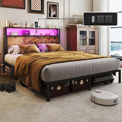 Queen Size Bed Frame with 2-Tier Storage Headboard with Charging Station and 12 Color LED Lights,2 Tier Solid Wood Headboard Storage,Noise Free, No Box Spring Needed/Remote Control/Vintage Brown