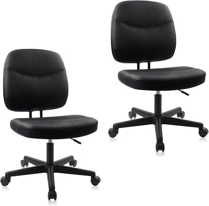 CLATINA Armless Home Office Chair, Small PU Leather Ergonomic Low Back Desk Chair with Lumbar Support and Wheels, Adjustable Height 360° Swivel Rolling Computer Task Chair, Black, 2 Pack