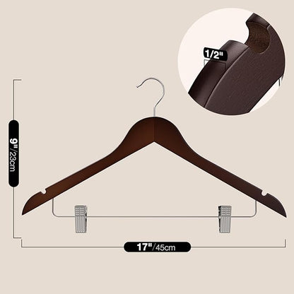 Wooden Hangers with Clips 12 PCS Pant Hangers with Clips,Smooth Solid Wooden Pants Hangers,360 Swivel Hooks & Adjustable Clips,for Jeans,Skirt,Suit,Shorts,Scarf.（Walnut）