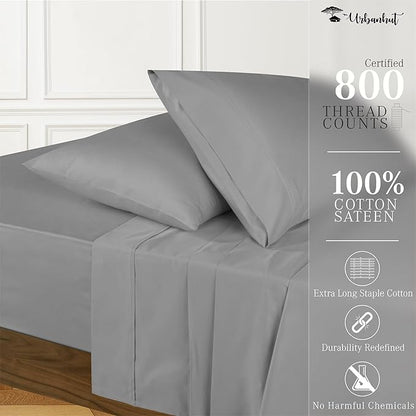 URBANHUT 800 Thread Count 100% Cotton Queen Size Sheets, Luxury 4 Piece Queen Bedsheets, Hotel Sheets Sateen Finish - Better Than Egyptian, 16" Elasticized Deep Pocket - Dark Grey