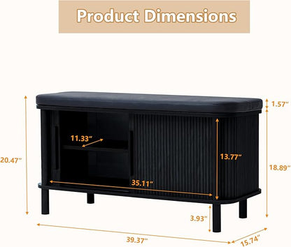 Shoe Bench, Entryway Shoe Cabinet with Leather Cushion and Sliding Door, Modern Shoe Storage Organizer for Living Room, Hallway (Black)